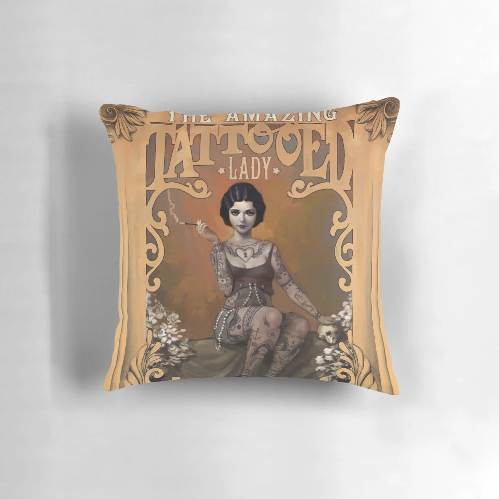 Vintage circus poster inspired pillow featuring a retro lady in a burlesque vixen design.