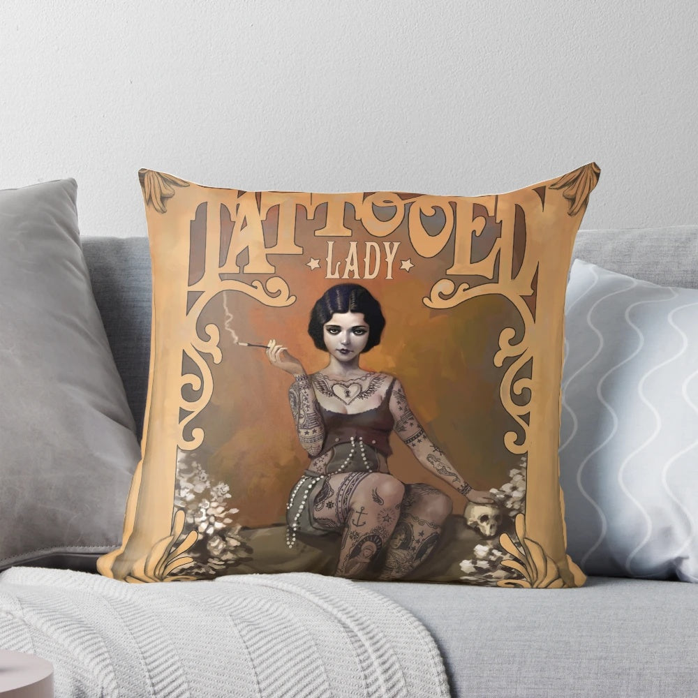 Vintage circus poster inspired pillow featuring a retro lady in a burlesque vixen design.
