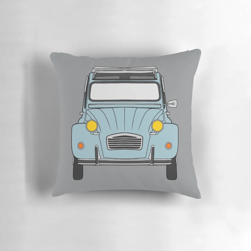 Soft, plush pillow featuring a vintage Citroen 2CV in a classic baby blue color