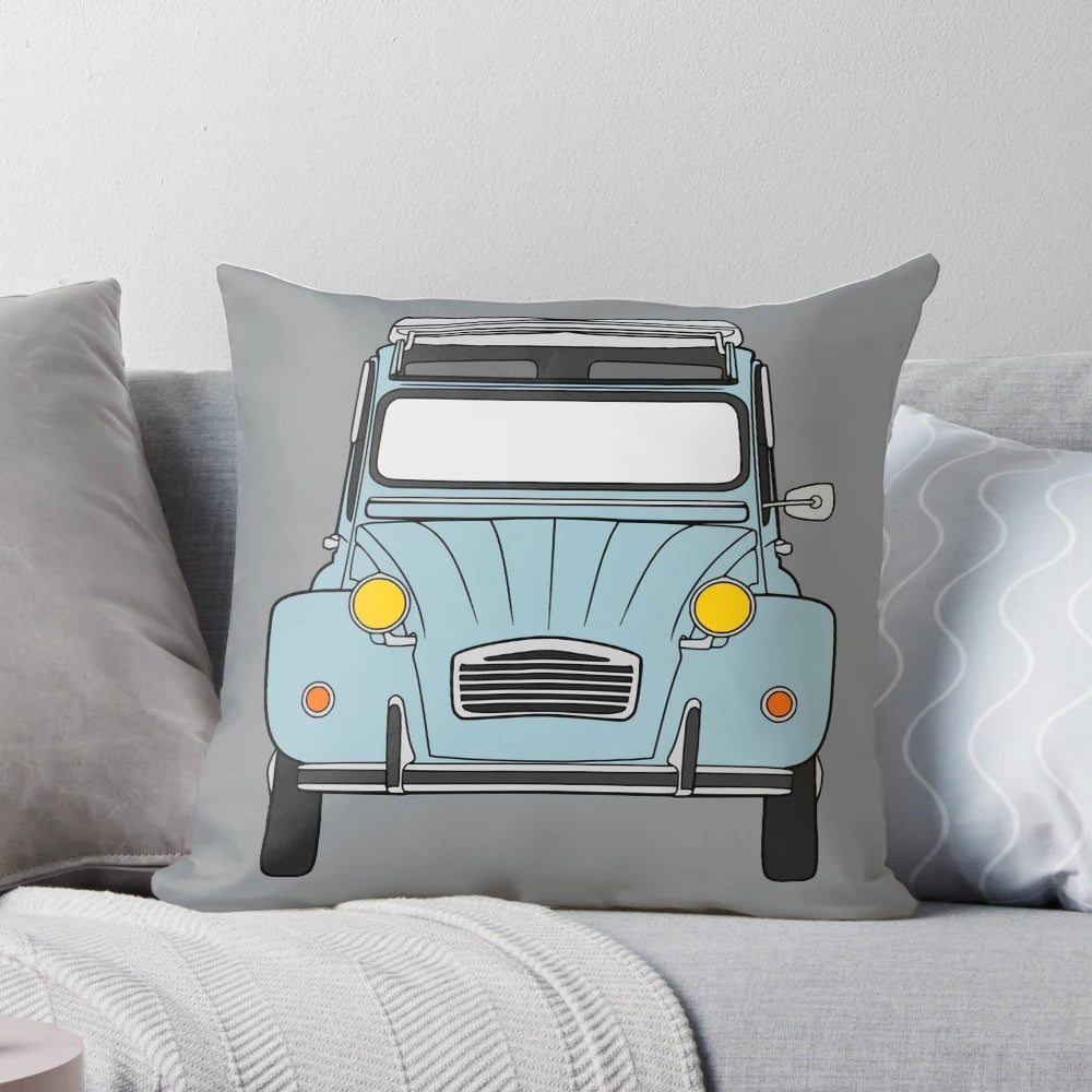 Soft, plush pillow featuring a vintage Citroen 2CV in a classic baby blue color