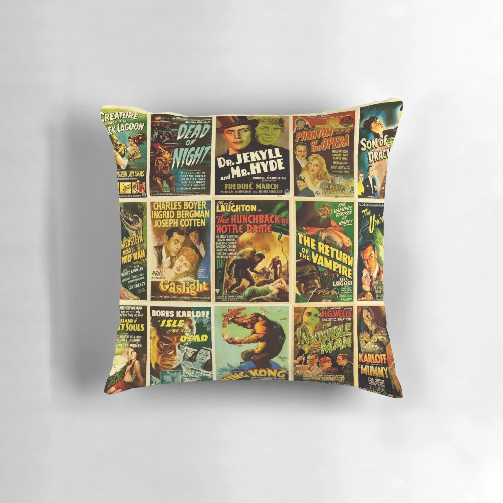 Vintage classic horror movie posters printed on a soft, comfortable throw pillow