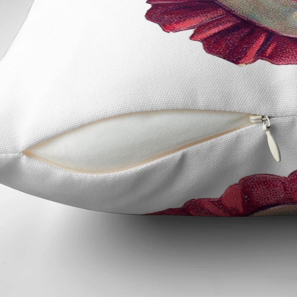 Vintage clown throw pillow with red ruffles, featuring a classic white face clown design inspired by European circus art.