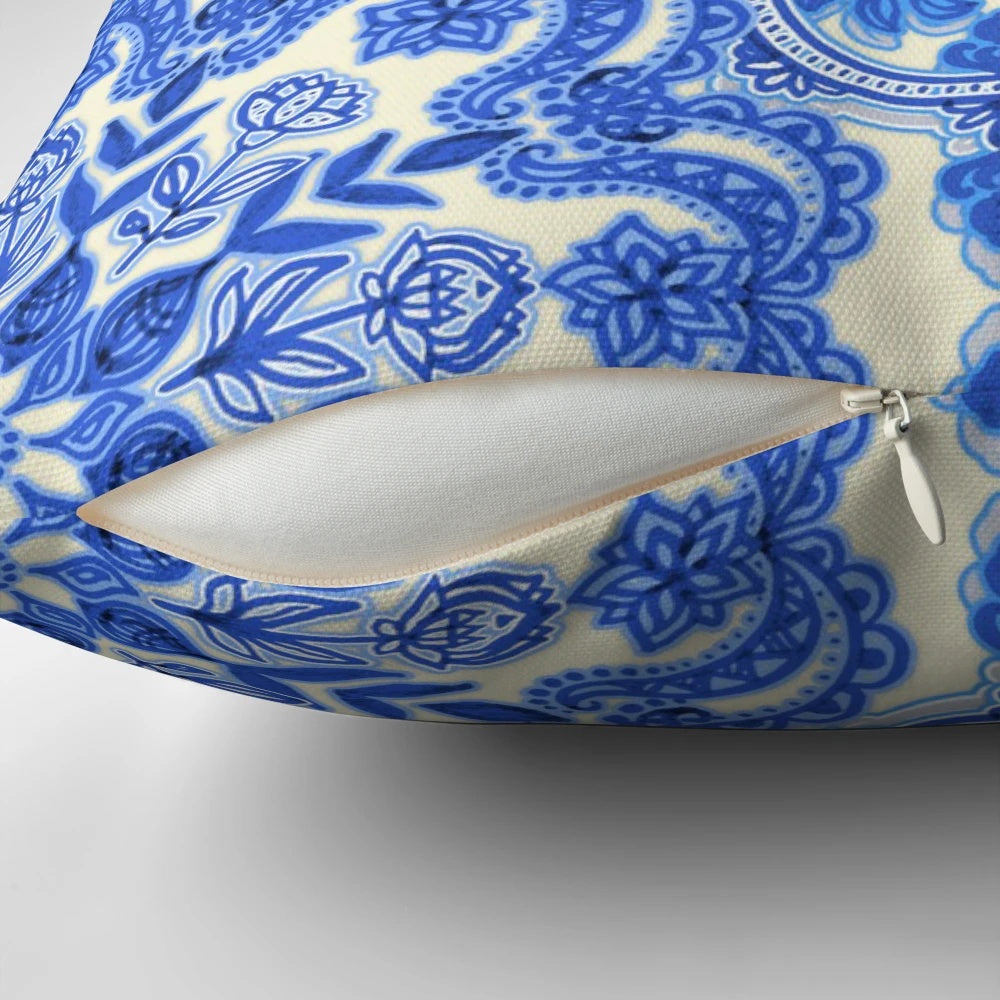 Vintage-inspired cobalt blue and China white folk art pattern pillow