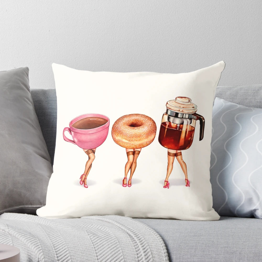 Vintage-style coffee and donut pin-up print on a plush, decorative throw pillow