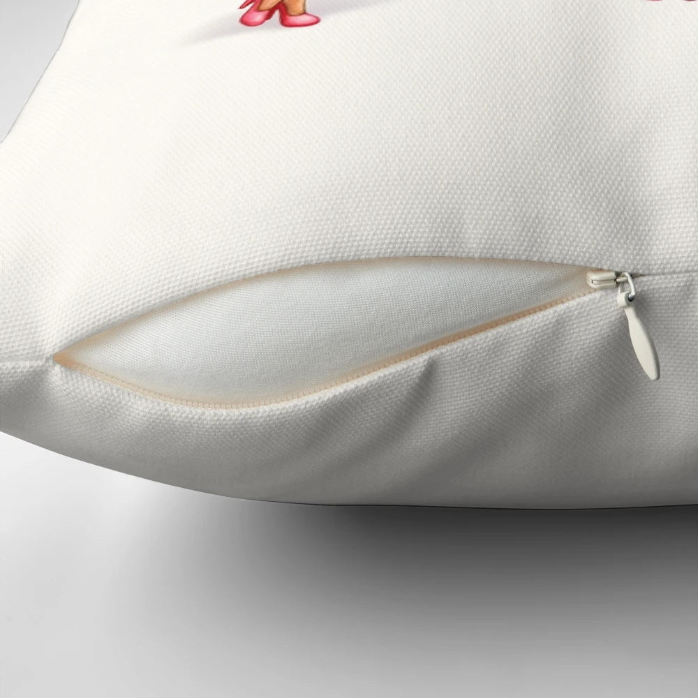Vintage-style coffee and donut pin-up print on a plush, decorative throw pillow