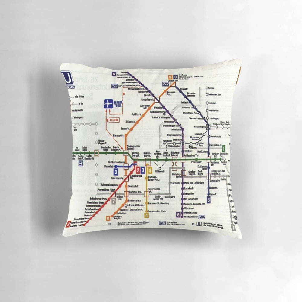 Vintage map of the Berlin U-Bahn subway system during the Cold War era, printed on a soft pillow.