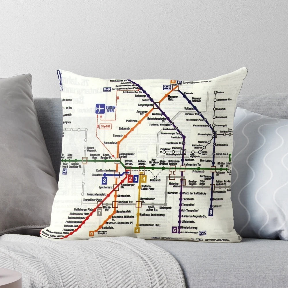Vintage map of the Berlin U-Bahn subway system during the Cold War era, printed on a soft pillow.
