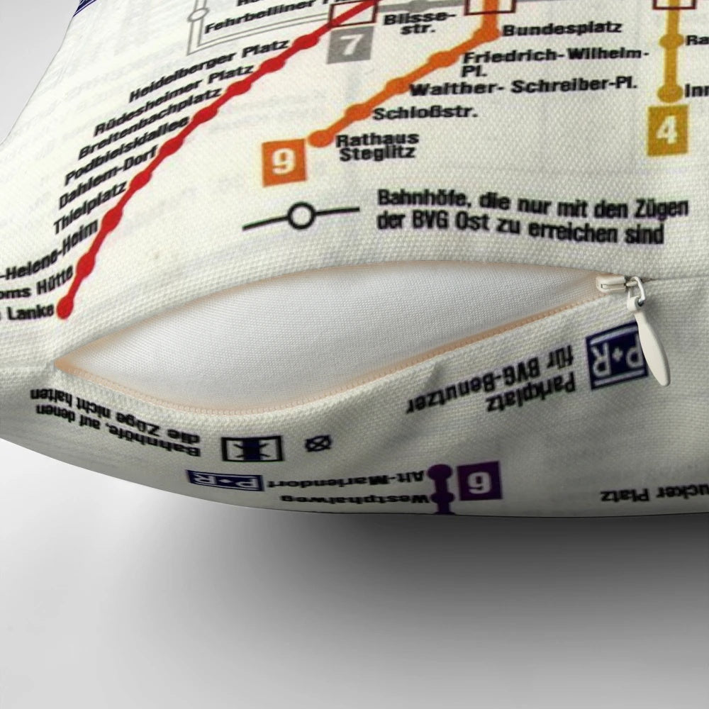 Vintage map of the Berlin U-Bahn subway system during the Cold War era, printed on a soft pillow.