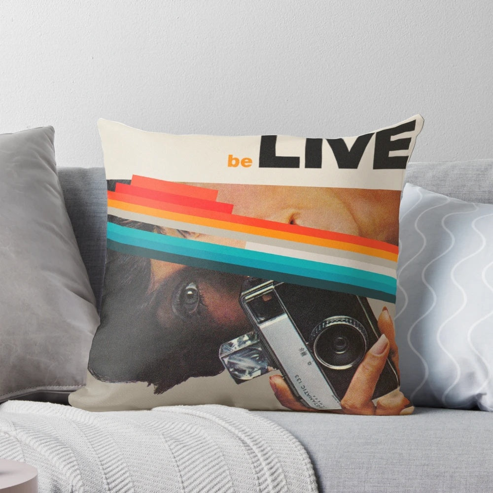 Vintage collage print of a woman with a camera on a decorative throw pillow