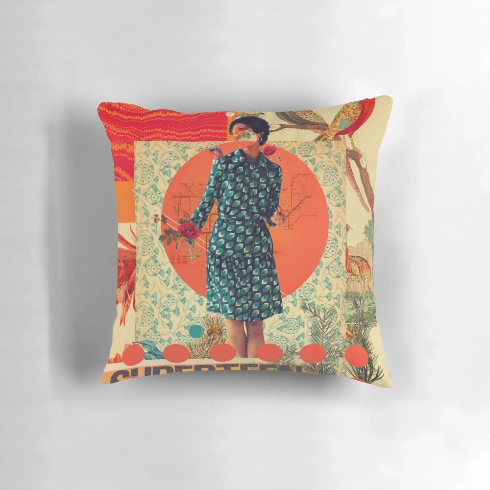 Vintage inspired collage design featuring a woman's portrait surrounded by floral and bird elements in shades of orange and red.