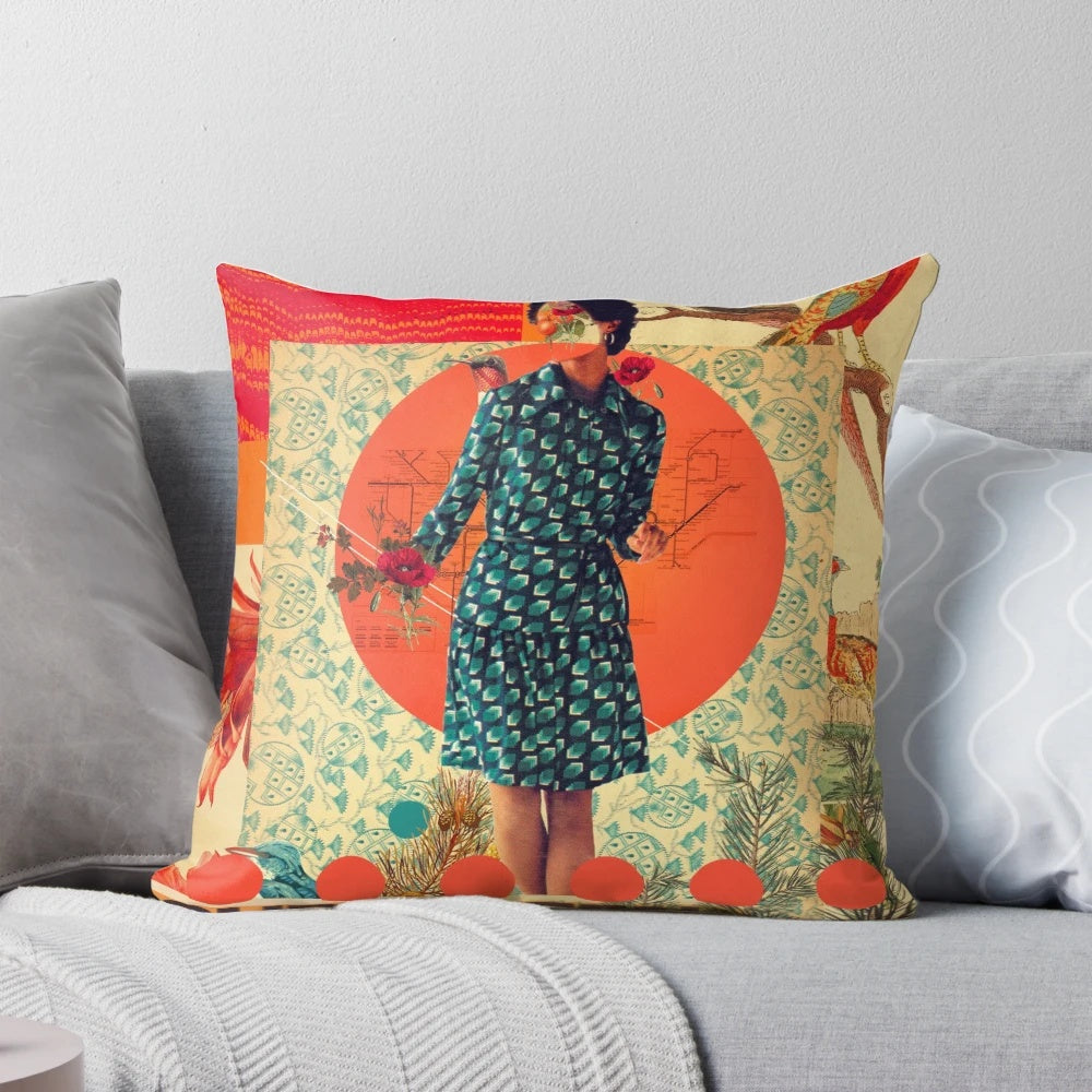 Vintage inspired collage design featuring a woman's portrait surrounded by floral and bird elements in shades of orange and red.