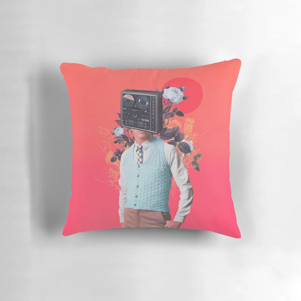 Vintage collage pillow featuring a surreal portrait of a man with a watermelon.