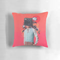 Vintage collage pillow featuring a surreal portrait of a man with a watermelon.