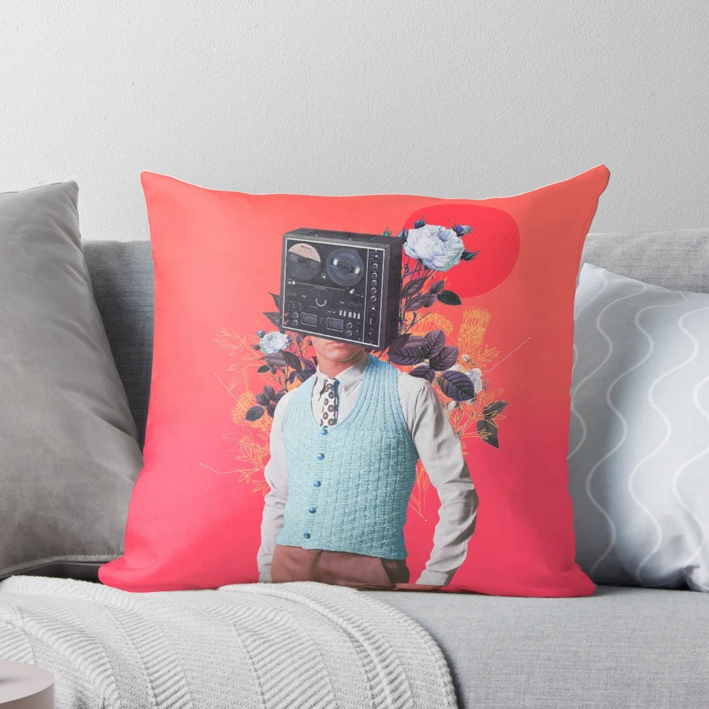 Vintage collage pillow featuring a surreal portrait of a man with a watermelon.