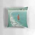 Vintage collage style pillow with a futuristic city landscape fading into the sea