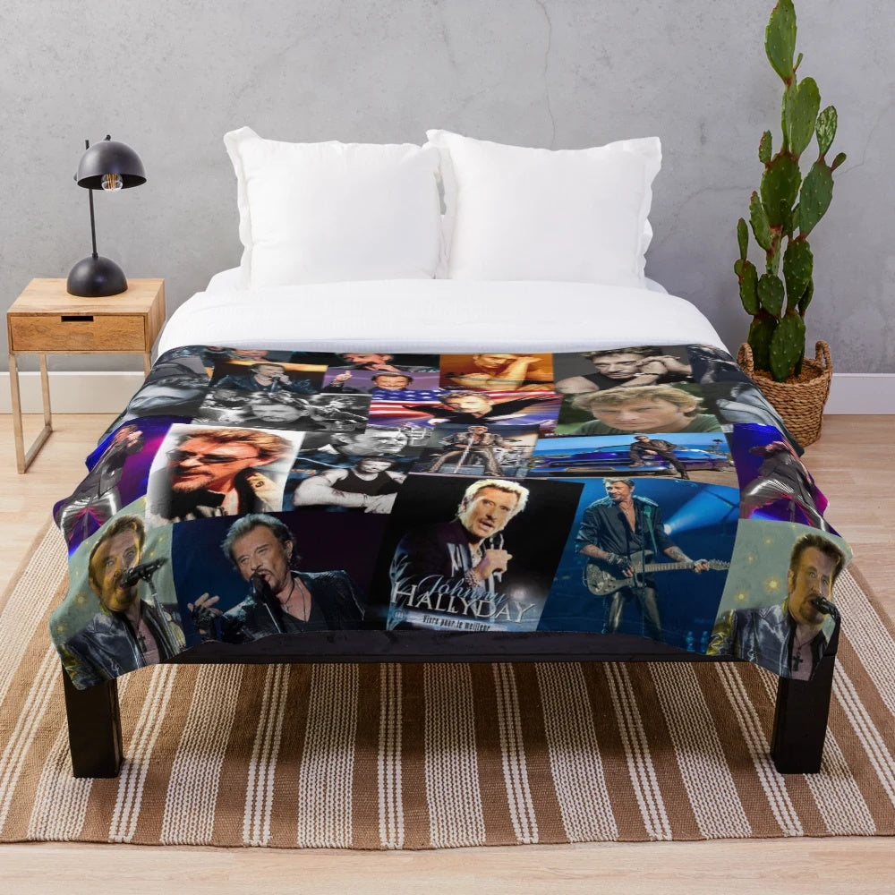 Vintage collage plush blanket with image of French singer Johnny Hallyday