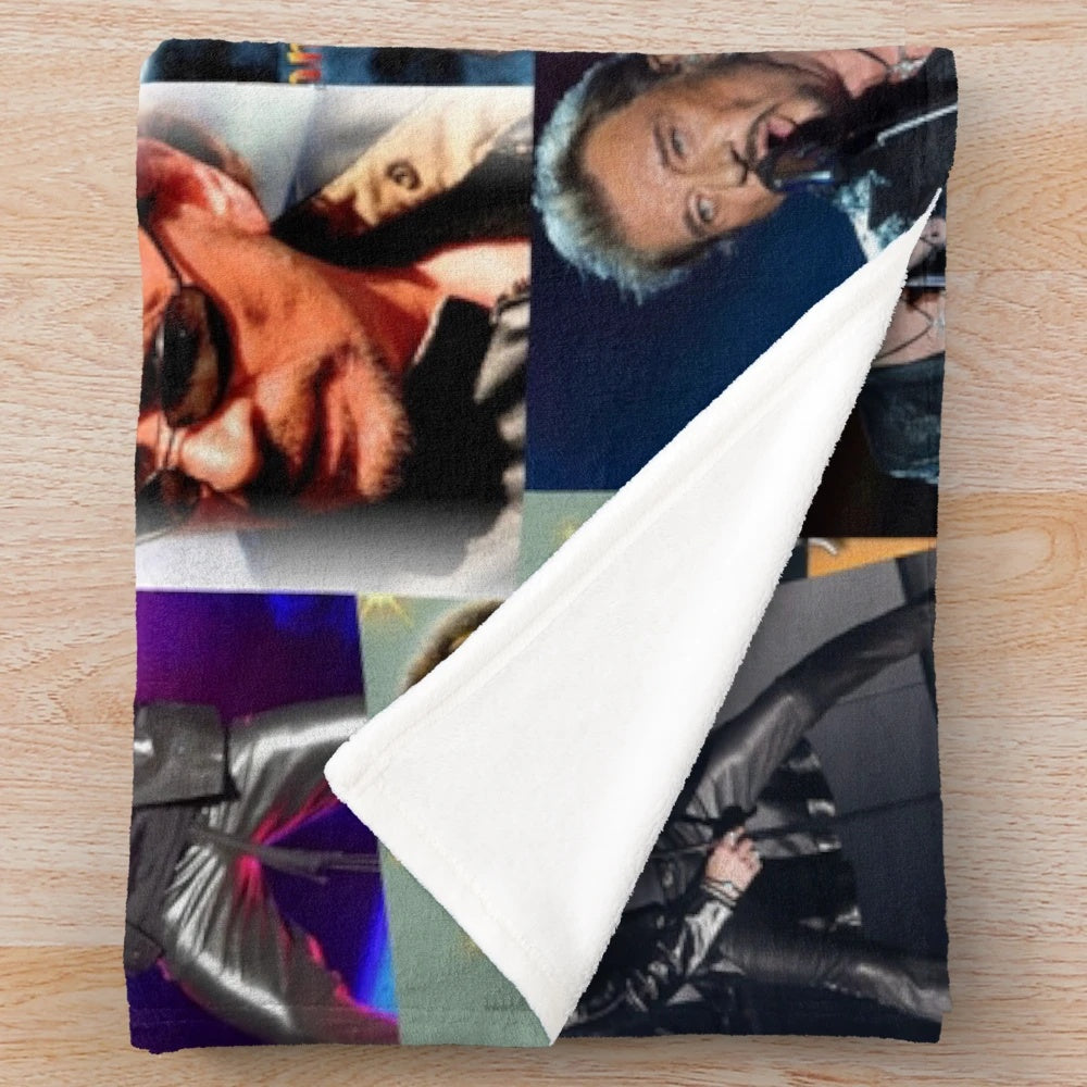 Vintage collage plush blanket with image of French singer Johnny Hallyday
