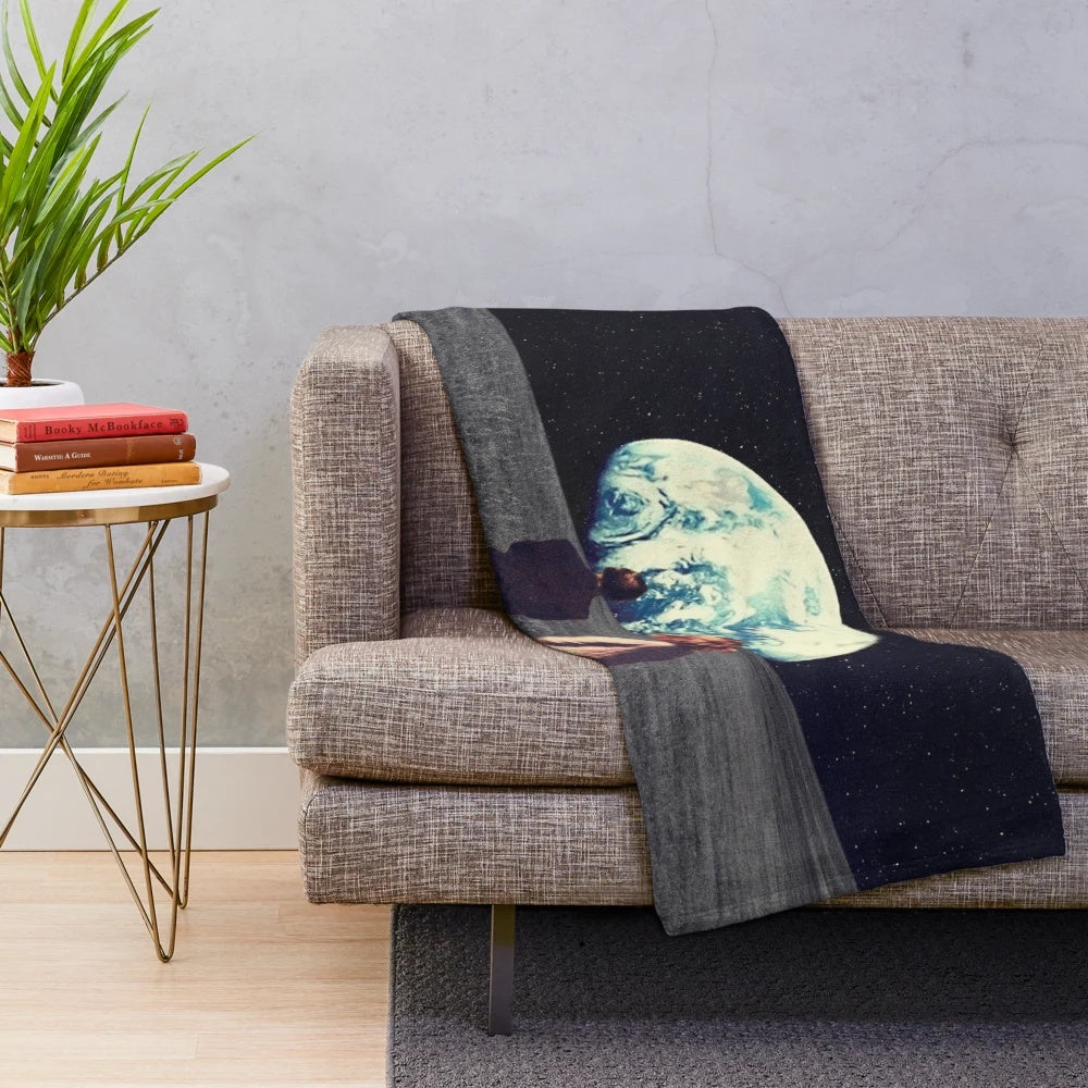 Vintage collage-style plush blanket featuring a surreal design with a couple in a cosmic landscape