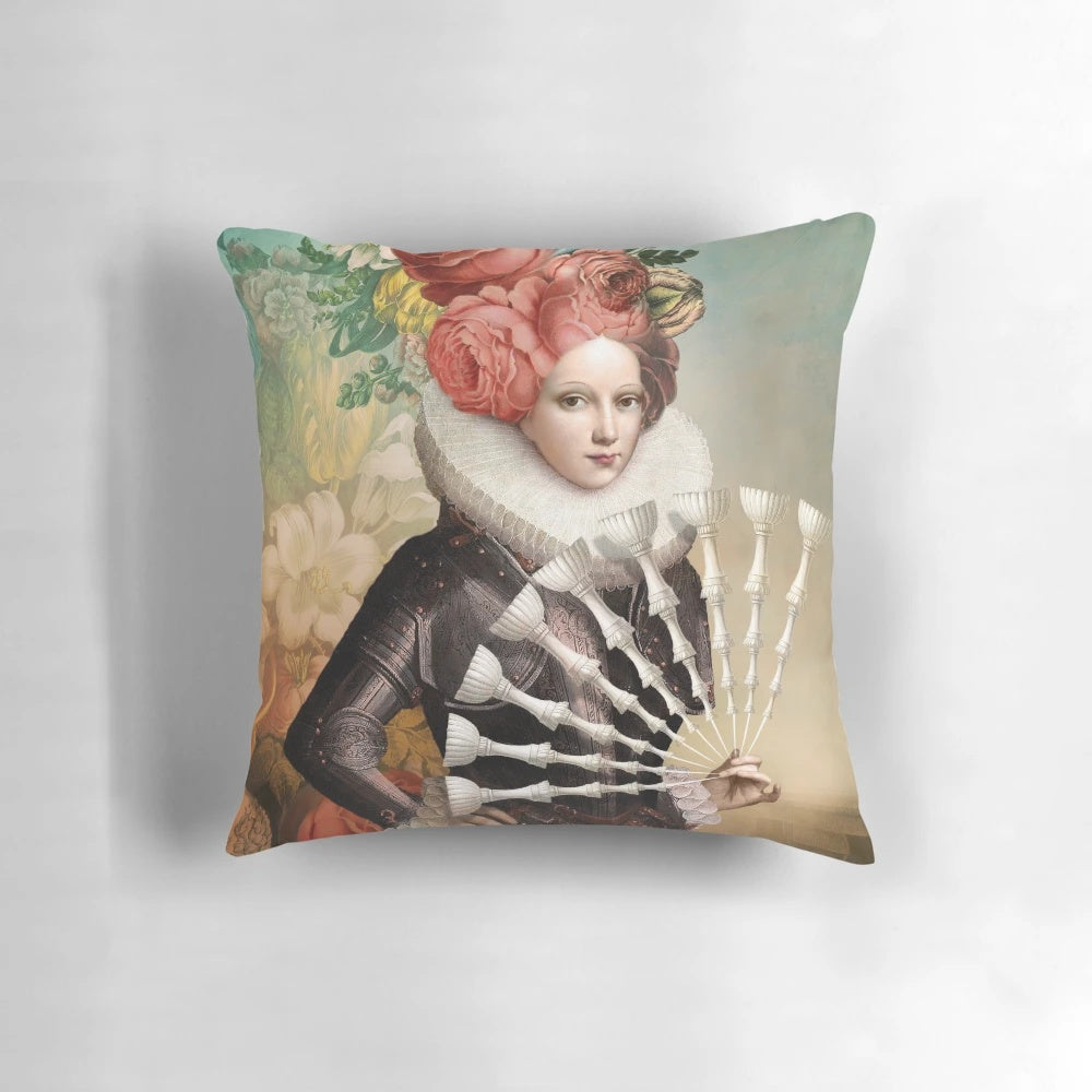 Vintage-inspired digital collage throw pillow featuring the Nine of Cups tarot card design
