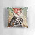Vintage-inspired digital collage throw pillow featuring the Nine of Cups tarot card design