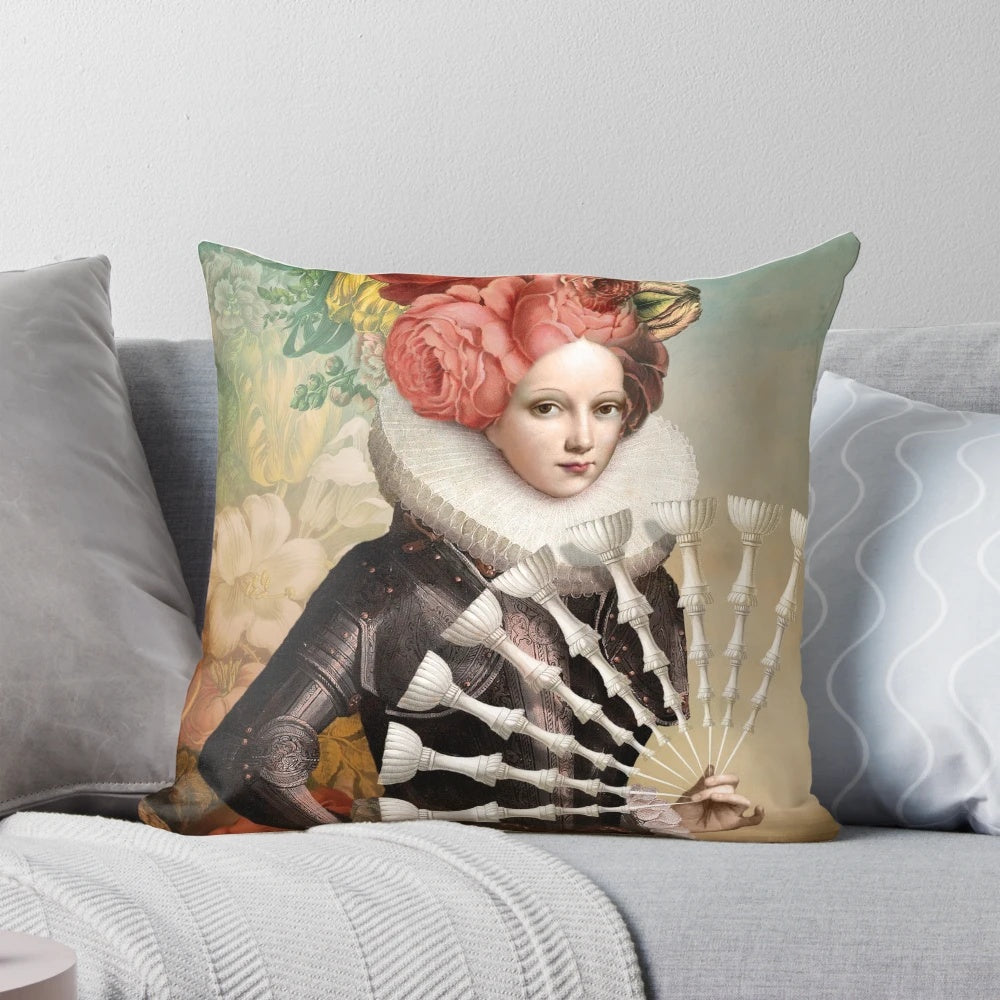 Vintage-inspired digital collage throw pillow featuring the Nine of Cups tarot card design