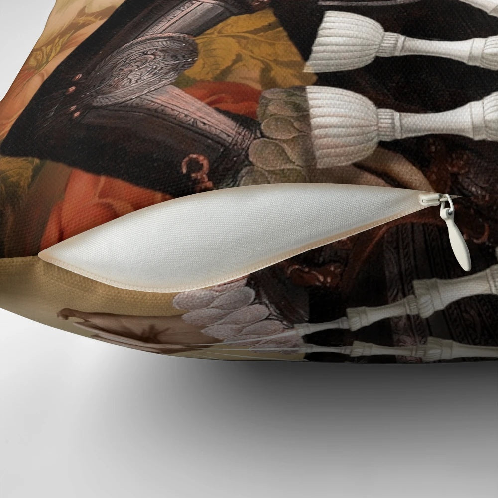 Vintage-inspired digital collage throw pillow featuring the Nine of Cups tarot card design