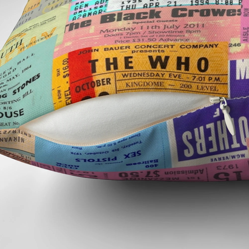 Vintage concert ticket stub printed on a soft, plush pillow for music lovers and concert enthusiasts.