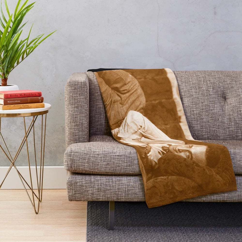 Vintage Conrad Veidt inspired plush sofa blanket with German expressionism and silent cinema motifs