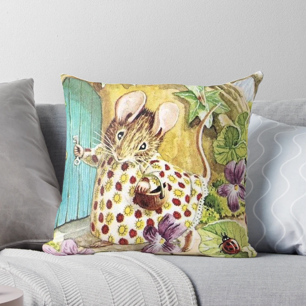 A charming vintage-style pillow featuring a whimsical cottage mouse design inspired by the beloved Beatrix Potter stories.
