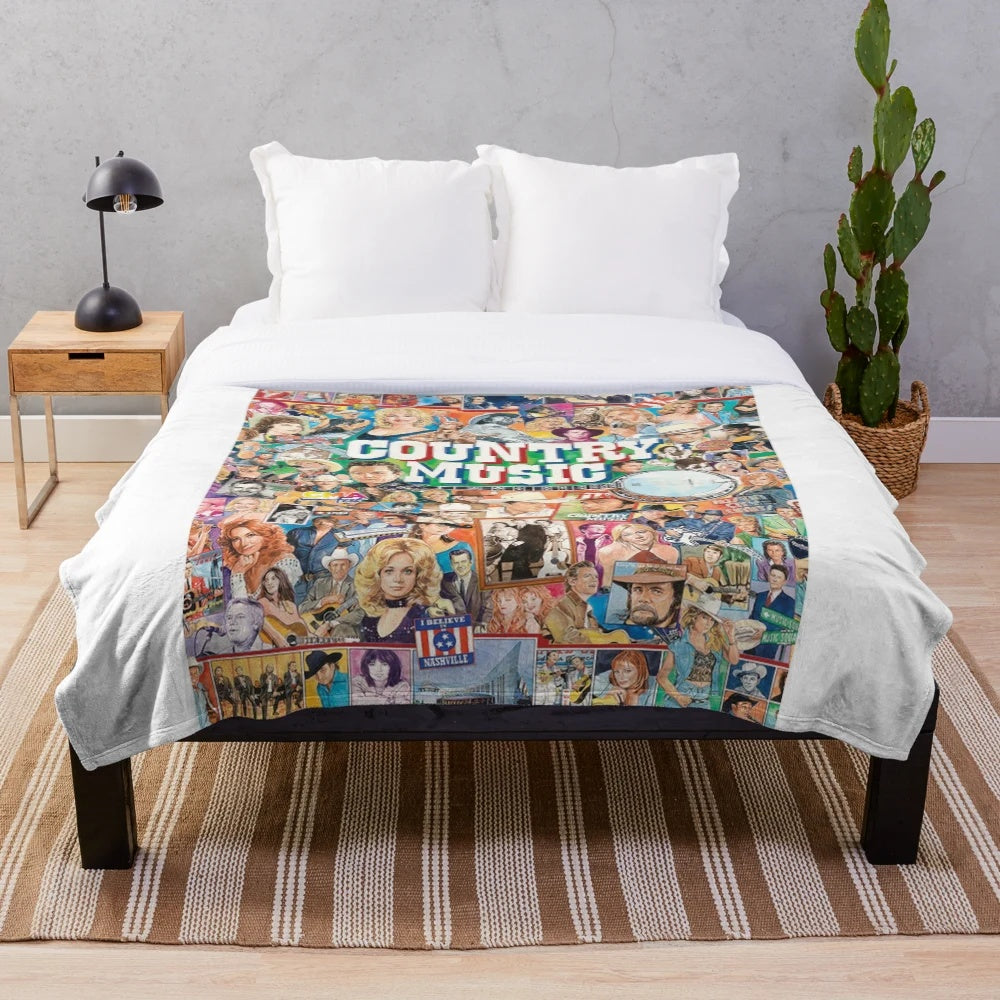 Vintage country music plush blanket with album cover artwork
