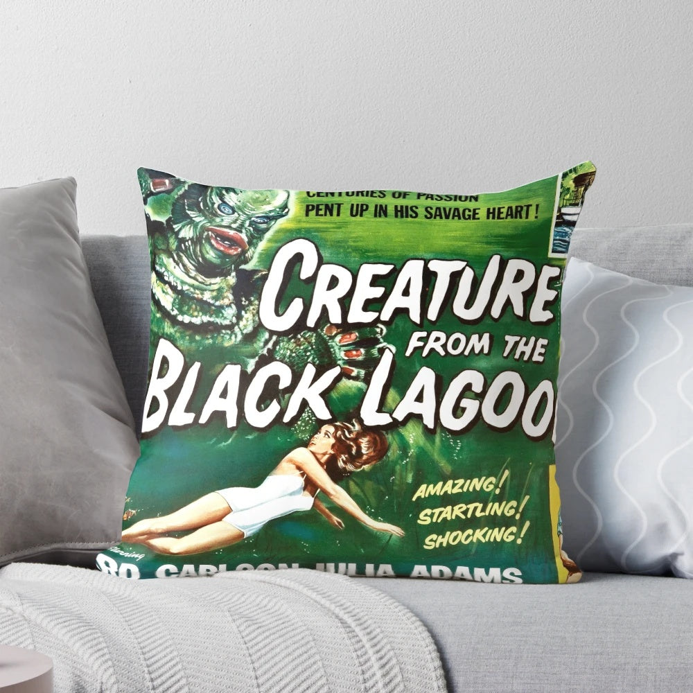 Vintage "Creature from the Black Lagoon" horror movie lithograph reproduction pillow