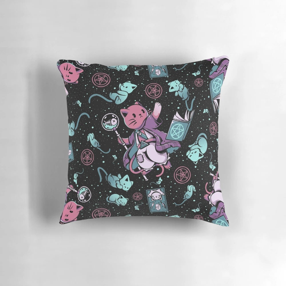 Vintage-style pillow with a creepy, spooky cat pattern design