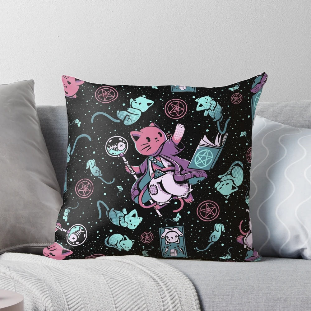 Vintage-style pillow with a creepy, spooky cat pattern design