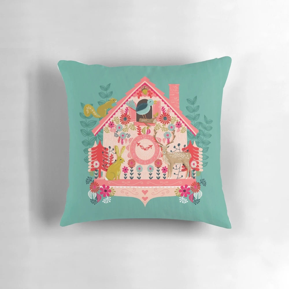 Vintage cuckoo clock illustration decorative pillow for Valentines Day