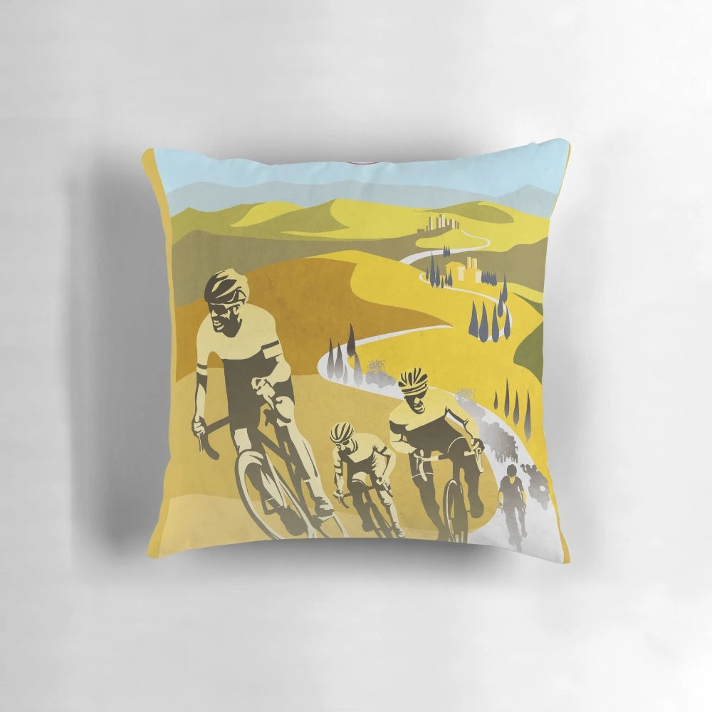 Strade Bianche-inspired retro cycling art pillow featuring a vintage cycling illustration