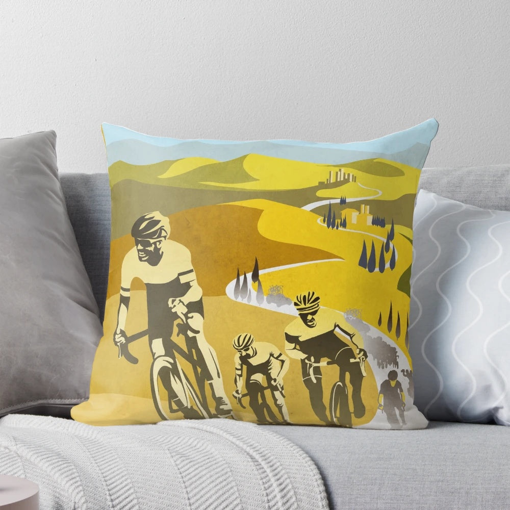 Strade Bianche-inspired retro cycling art pillow featuring a vintage cycling illustration