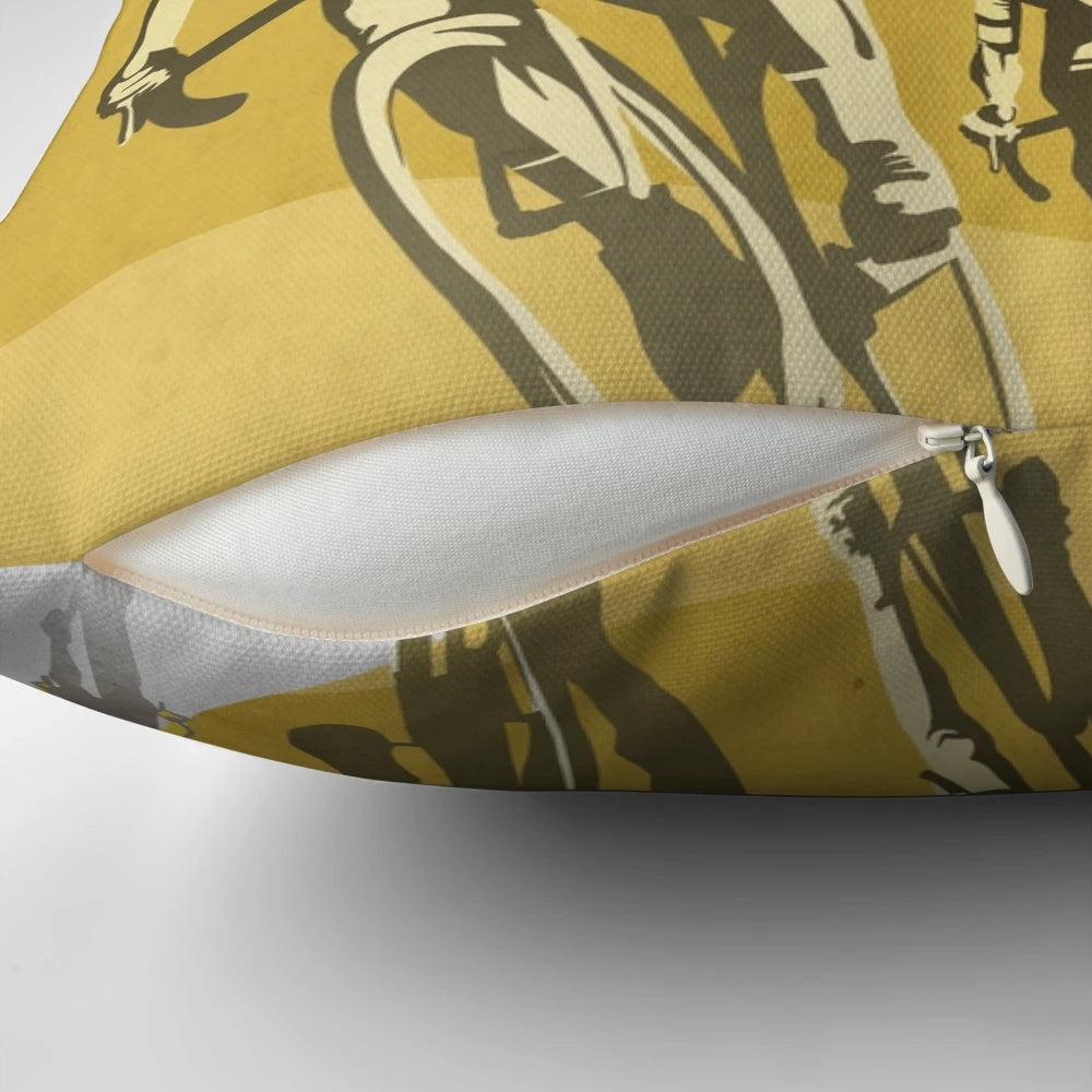 Strade Bianche-inspired retro cycling art pillow featuring a vintage cycling illustration