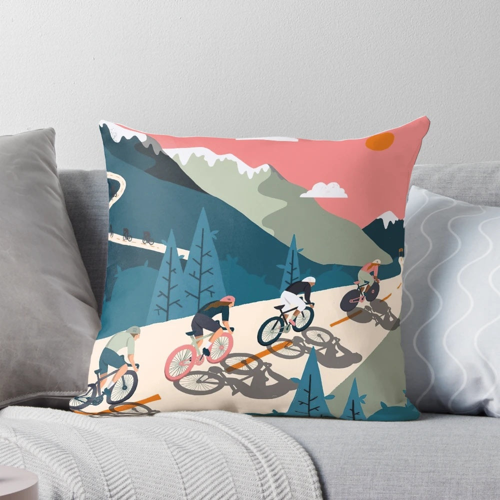 Vintage cycling art design on a decorative throw pillow for biking enthusiasts