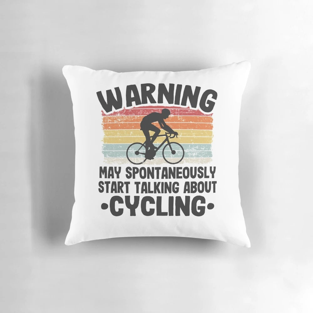 Vintage-styled cycling enthusiast pillow with text "Warning May Talk About Cycling
