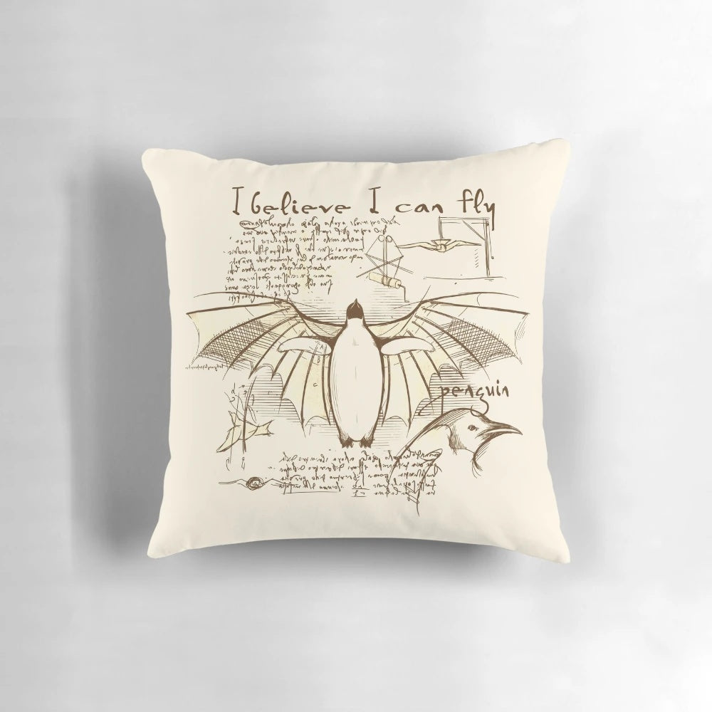 Vintage Da Vinci Vitruvian Penguin Pillow with Wings and Artistic Design
