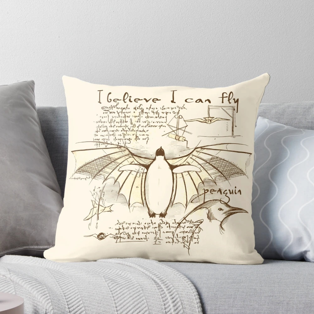 Vintage Da Vinci Vitruvian Penguin Pillow with Wings and Artistic Design