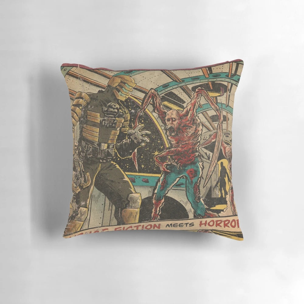 Vintage-style 'Dead Space' fan art comic cover design printed on a cozy pillow.