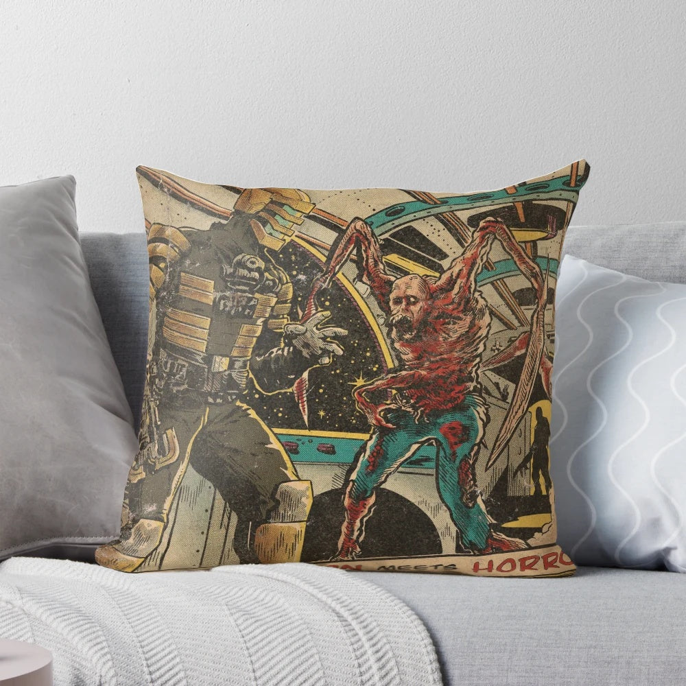 Vintage-style 'Dead Space' fan art comic cover design printed on a cozy pillow.