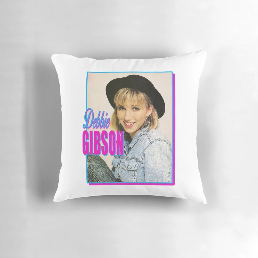 Vintage throw pillow featuring Debbie Gibson, iconic 80s American pop star