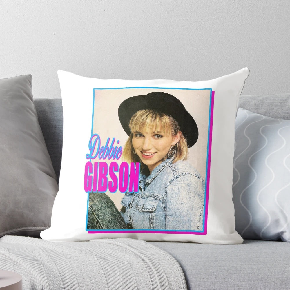 Vintage throw pillow featuring Debbie Gibson, iconic 80s American pop star