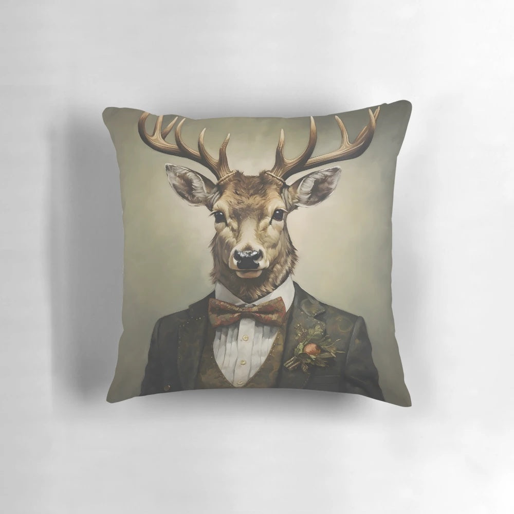A vintage-inspired watercolor portrait of a deer wearing a suit and tie, surrounded by confetti.