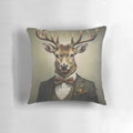 A vintage-inspired watercolor portrait of a deer wearing a suit and tie, surrounded by confetti.