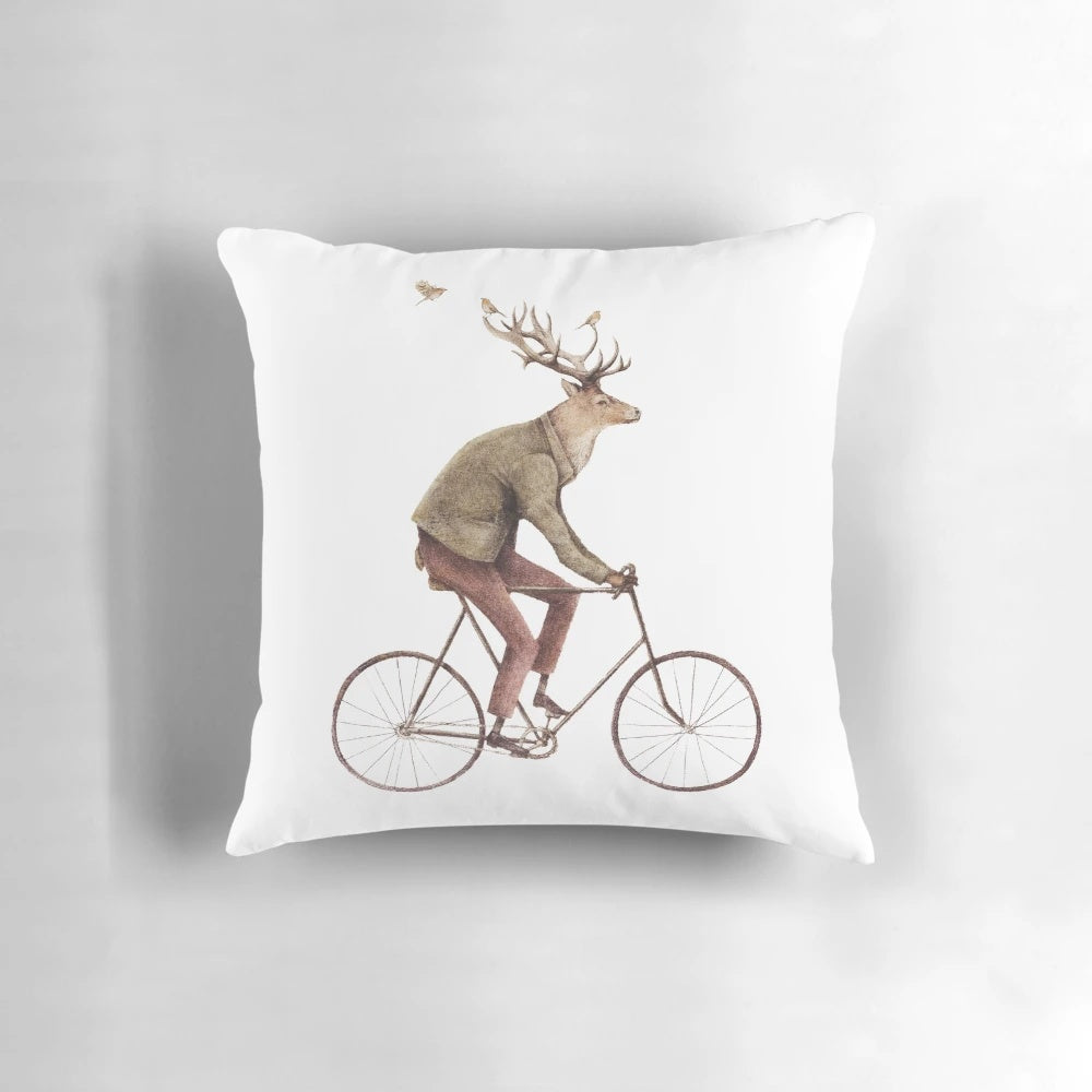 Vintage illustration of a deer riding a bicycle through a forest.