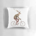 Vintage illustration of a deer riding a bicycle through a forest.