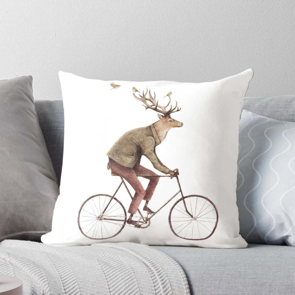 Vintage illustration of a deer riding a bicycle through a forest.